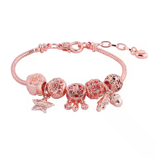 ✨ Pink Crystal Charm Bracelet – Flower, Star, Leaf & Shell Pendants | Elegant Gift for Girls