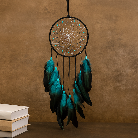 Handmade Dream Catcher – Black & Turquoise Feather Wall Hanging, 19.7" Boho Decor