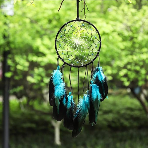 Handmade Dream Catcher – Black & Turquoise Feather Wall Hanging, 19.7" Boho Decor