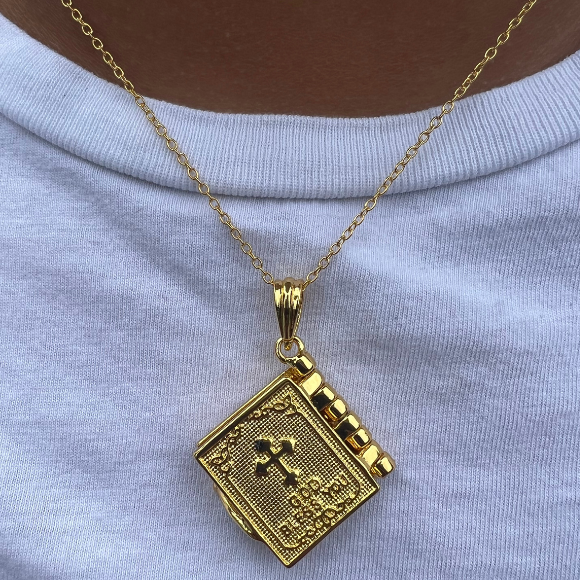 Holy Bible Book Pendant Necklace - Religious Prayer Christian Scripture