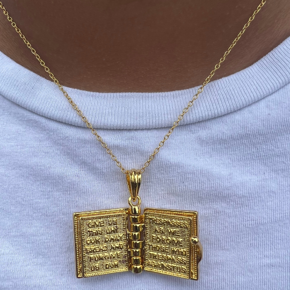 Holy Bible Book Pendant Necklace - Religious Prayer Christian Scripture