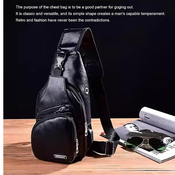 Black Chest Crossbody Bag Sling Backpack for Men with USB Charge Port