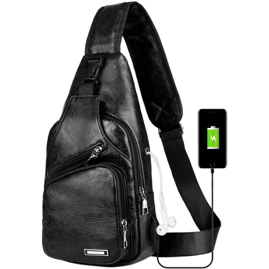 Black Chest Crossbody Bag Sling Backpack for Men with USB Charge Port