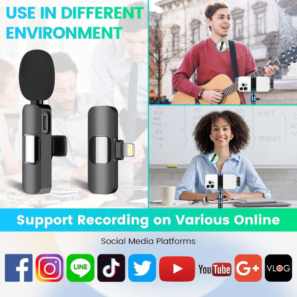 3 in 1 Wireless Clip-on Microphones for iPhone, Camera, Android, iPad, Mini Microphone Video Recording