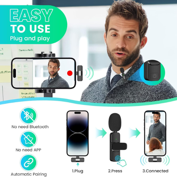3 in 1 Wireless Clip-on Microphones for iPhone, Camera, Android, iPad, Mini Microphone Video Recording