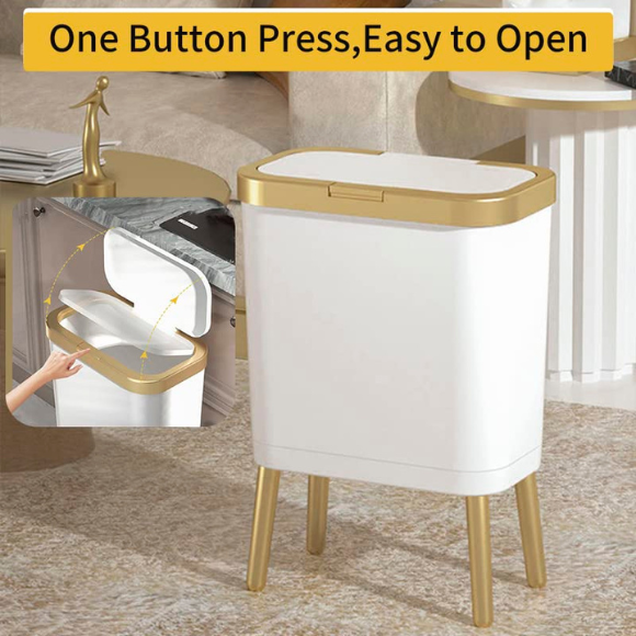 Bathroom Trash Can with Lid, Plastic Garbage Can with Legs, 4 Gallon Gold Trash Bin with Push Button, Narrow White Trash Can Waste Basket for Bedroom, Living Room and Office