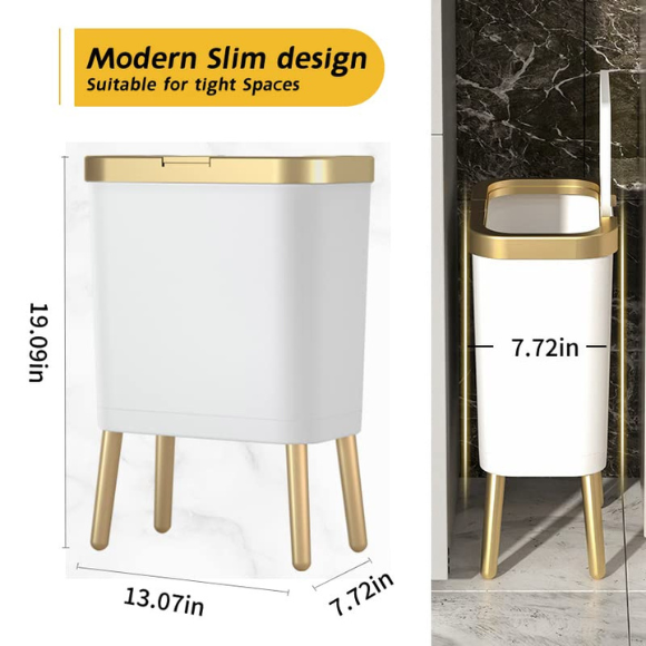 Bathroom Trash Can with Lid, Plastic Garbage Can with Legs, 4 Gallon Gold Trash Bin with Push Button, Narrow White Trash Can Waste Basket for Bedroom, Living Room and Office