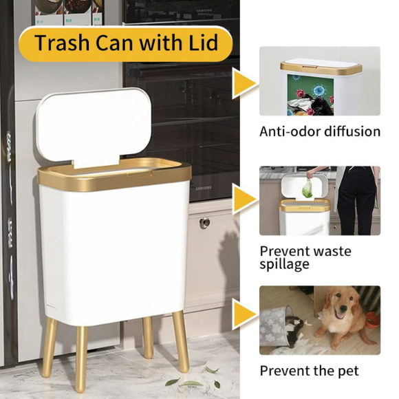 Bathroom Trash Can with Lid, Plastic Garbage Can with Legs, 4 Gallon Gold Trash Bin with Push Button, Narrow White Trash Can Waste Basket for Bedroom, Living Room and Office