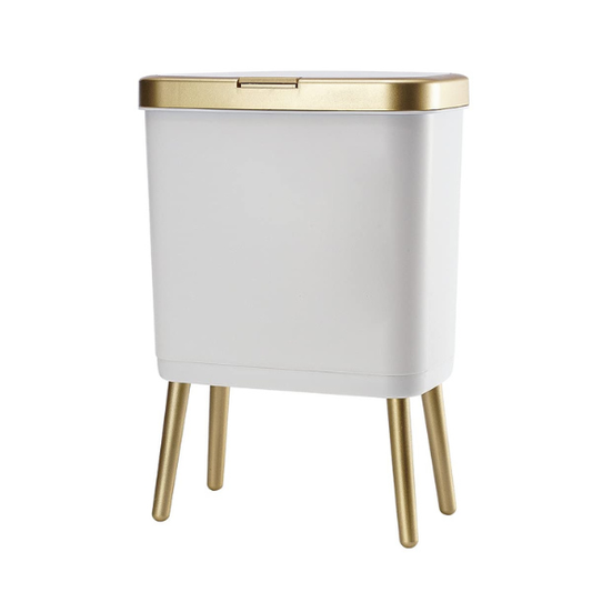 Bathroom Trash Can with Lid, Plastic Garbage Can with Legs, 4 Gallon Gold Trash Bin with Push Button, Narrow White Trash Can Waste Basket for Bedroom, Living Room and Office