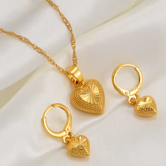 24K Dubai Gold Plated Heart Jewelry Set – Necklace & Earrings, Hypoallergenic, Gift Box Included