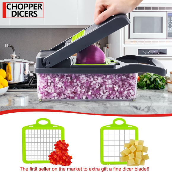 Professional Compact Vegetable Chopper, Food Cutter Chopper Mandoline Slicer (9 Inserts) Grey Green