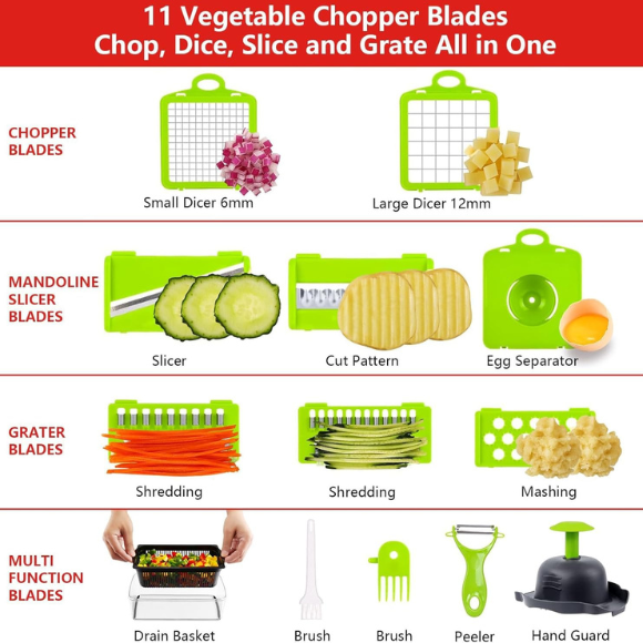 Professional Compact Vegetable Chopper, Food Cutter Chopper Mandoline Slicer (9 Inserts) Grey Green