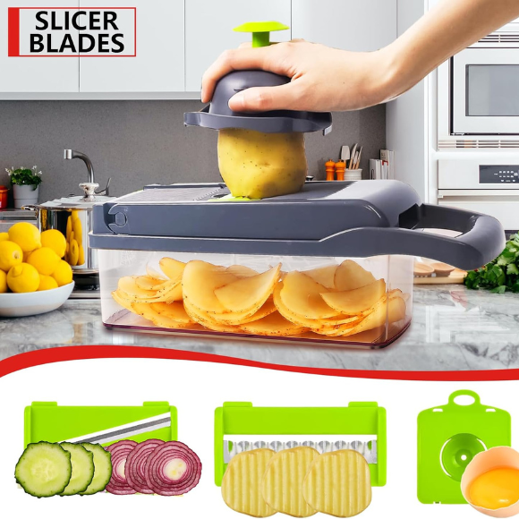 Professional Compact Vegetable Chopper, Food Cutter Chopper Mandoline Slicer (9 Inserts) Grey Green