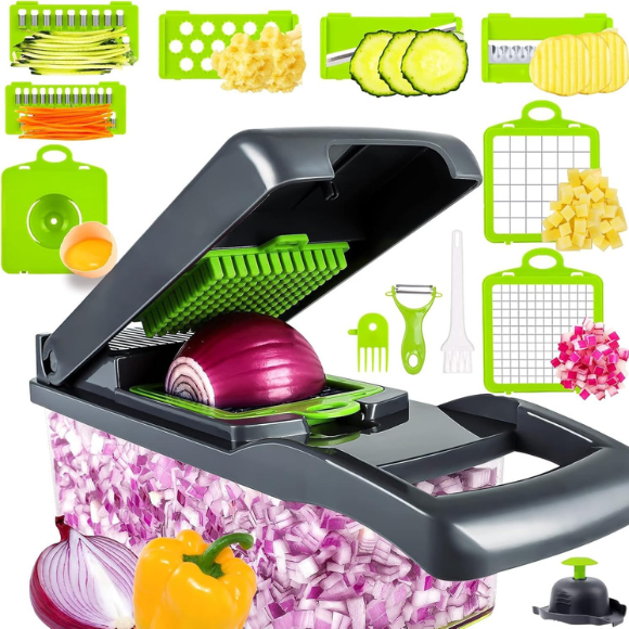 Professional Compact Vegetable Chopper, Food Cutter Chopper Mandoline Slicer (9 Inserts) Grey Green