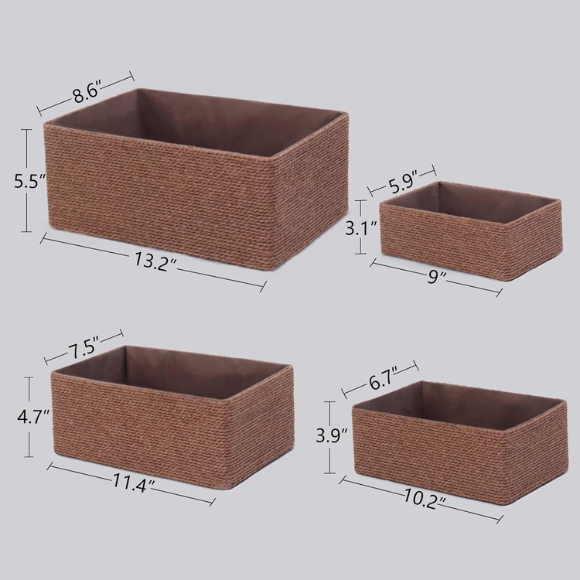 Recycled Wicker Storage Basket, Paper Rope Storage Baskets for Organizing Container Bins for Shelves Cupboards Drawer, Small Woven Basket Set of 4