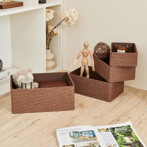 Recycled Wicker Storage Basket, Paper Rope Storage Baskets for Organizing Container Bins for Shelves Cupboards Drawer, Small Woven Basket Set of 4