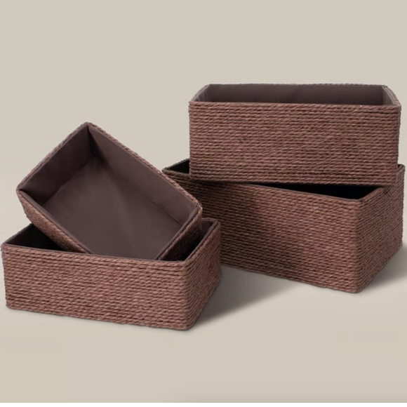 Recycled Wicker Storage Basket, Paper Rope Storage Baskets for Organizing Container Bins for Shelves Cupboards Drawer, Small Woven Basket Set of 4