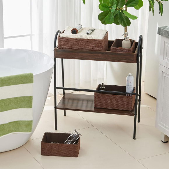 Recycled Wicker Storage Basket, Paper Rope Storage Baskets for Organizing Container Bins for Shelves Cupboards Drawer, Small Woven Basket Set of 4