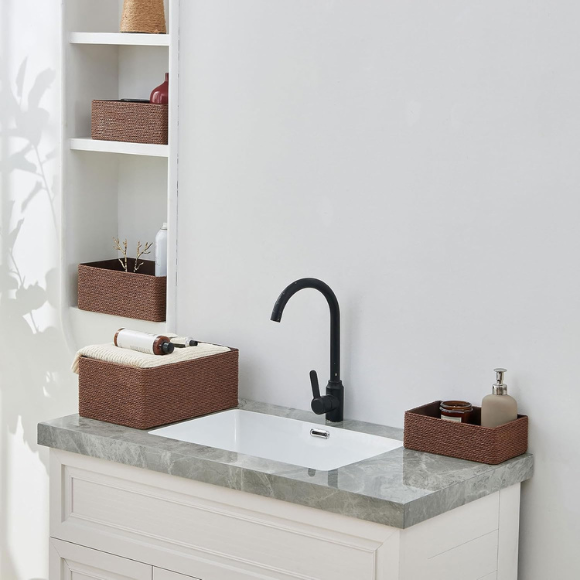 Recycled Wicker Storage Basket, Paper Rope Storage Baskets for Organizing Container Bins for Shelves Cupboards Drawer, Small Woven Basket Set of 4