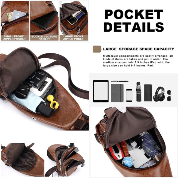 Chest Crossbody Bag Sling Backpack for Men with USB Charge Port