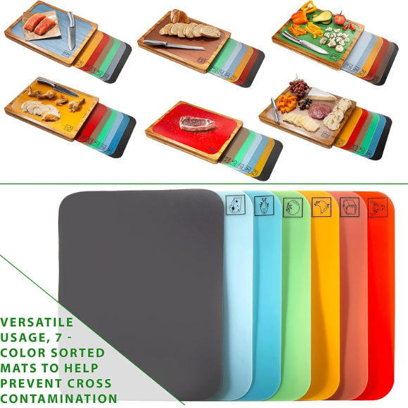 Bamboo Wood Cutting Board with 7 Color-Coded BPA-Free Mats – Premium Serving Tray for Bread, Cheese, Fruits, Vegetables & Meats