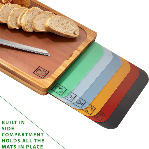 Bamboo Wood Cutting Board with 7 Color-Coded BPA-Free Mats – Premium Serving Tray for Bread, Cheese, Fruits, Vegetables & Meats