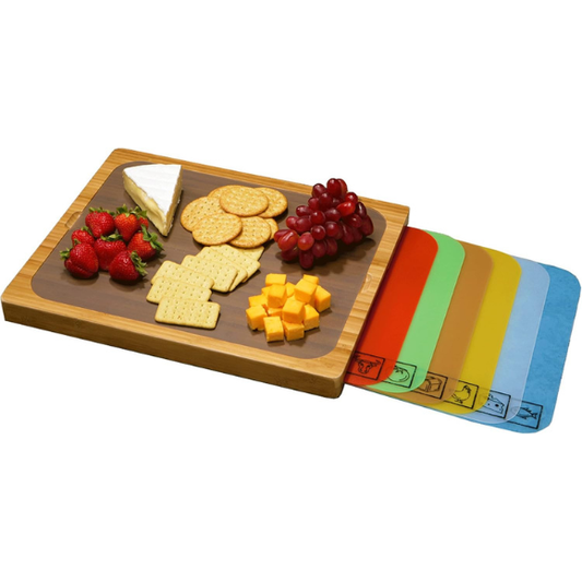 Bamboo Wood Cutting Board with 7 Color-Coded BPA-Free Mats – Premium Serving Tray for Bread, Cheese, Fruits, Vegetables & Meats