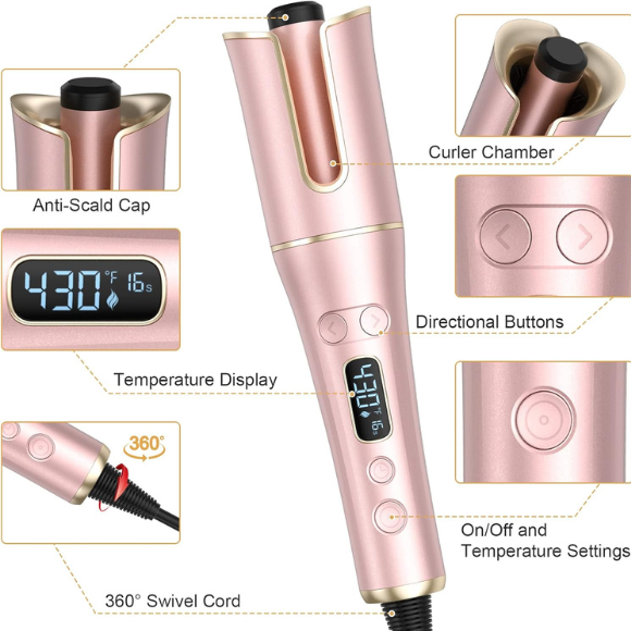 Automatic Hair Curler with LCD Display – 1” Rotating Barrel, 4 Heat Settings, 3 Timers