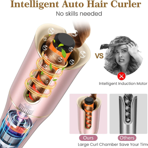 Automatic Hair Curler with LCD Display – 1” Rotating Barrel, 4 Heat Settings, 3 Timers
