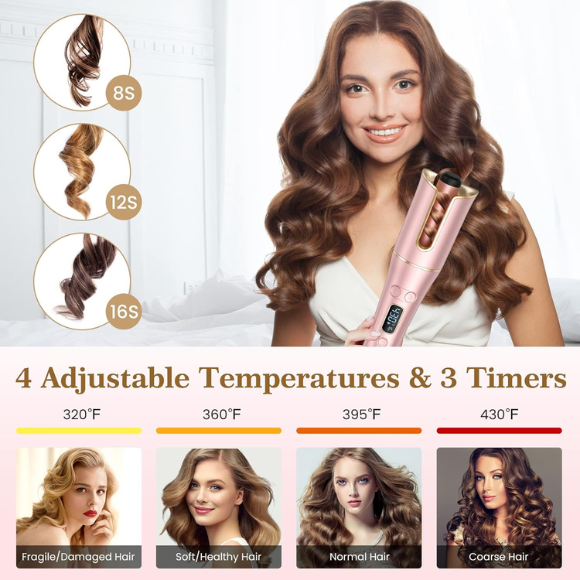 Automatic Hair Curler with LCD Display – 1” Rotating Barrel, 4 Heat Settings, 3 Timers