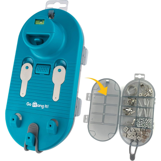 Go Hang It! Pro, All-in-One Picture Hanging Kit - Picture Leveling and Hanging Tool - Hang Sawtooth/Wire Hangers - Wall Hanging Kit and Level Tool - Hardware Case with 85-Piece Hanging Essentials