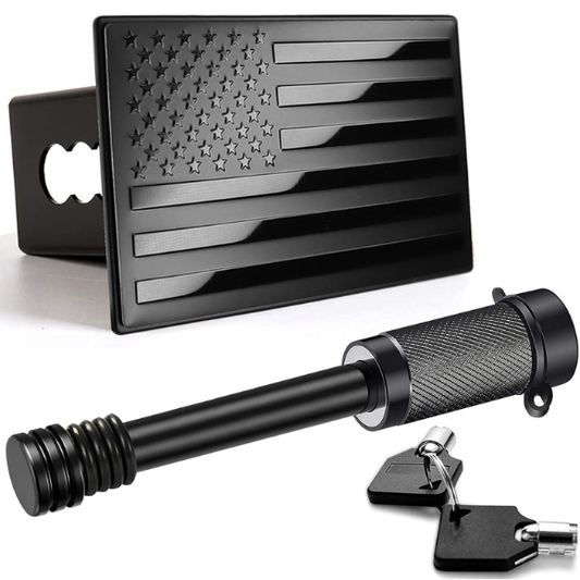 American Flag Metal Trailer Hitch Cover for 2 inch Receivers（with 5/8-Inch Pin Diameter Trailer Hitch Lock ） (Black)