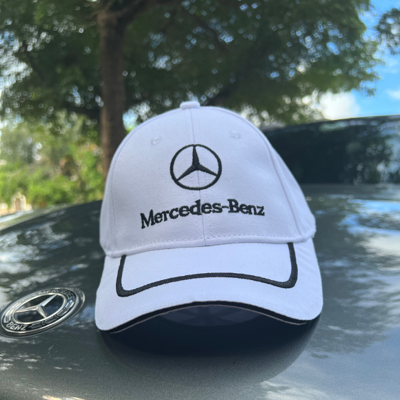 White MERCEDES-BENZ Cap Adjustable Embroidered Black Logo, Stripe, and Trim Car Hat