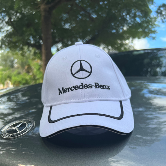White MERCEDES-BENZ Cap Adjustable Embroidered Black Logo, Stripe, and Trim Car Hat