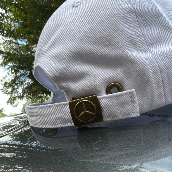 White MERCEDES-BENZ Cap Adjustable Embroidered Black Logo, Stripe, and Trim Car Hat