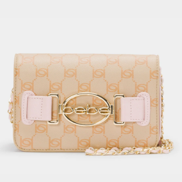 BEBE Leilani monogram crossbody - Almond/Power Pink