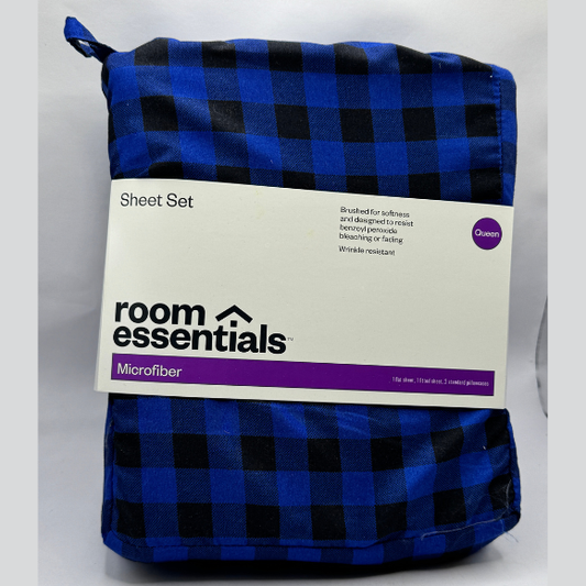 Room essentials sheet set Blue with black (4) - Minor Packaging Damage