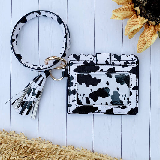 Cow Print Wristlet Wallet Keychain Black and White Card Holder for Women and Teens