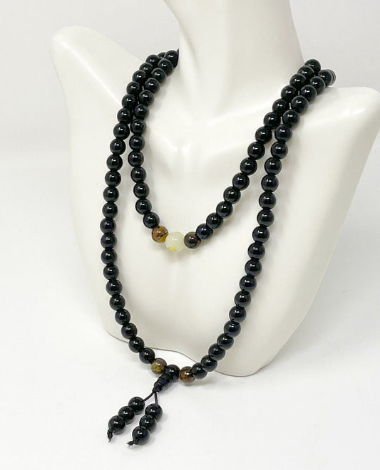 Black Onyx Men’s Necklace – 14” Beaded Mala Chain for EMF Protection & Energy Shielding