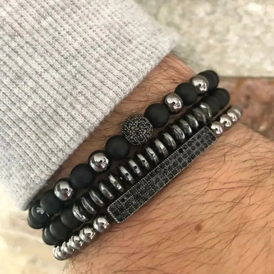 3pcs Black Beads Stainless Steel Bracelet Bangle Jewelry Gift For Men