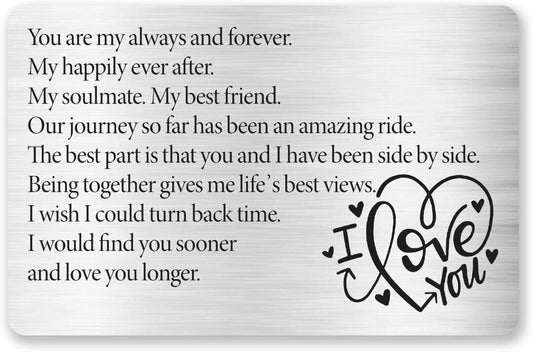 Engraved Metal Wallet Insert Card Anniversary, Love Note, Deployment Christmas Gift Happily