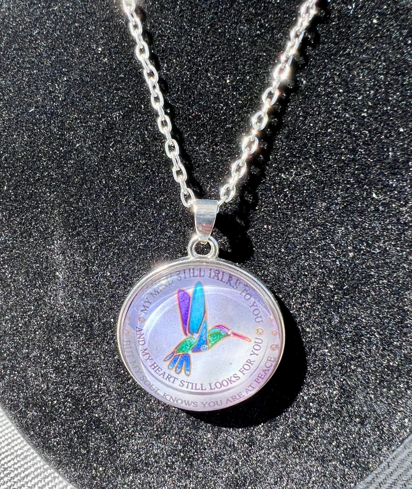 My Mind Still Talks To You" HummingBird - Glass Cabochon Silver Charm Pendant Necklace, Memorial