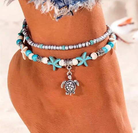 Boho Ankle Bracelet for Women – Sea Turtle & Starfish Charms, Beach Anklet Jewelry
