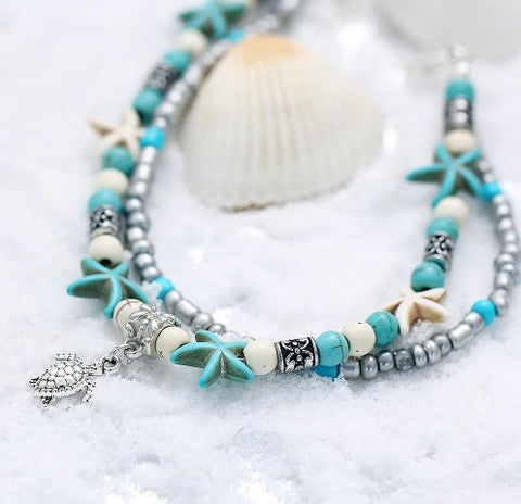 Boho Ankle Bracelet for Women – Sea Turtle & Starfish Charms, Beach Anklet Jewelry