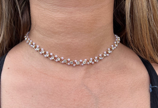 18K Gold Plated Crystal White Pearl Choker Necklace for Women