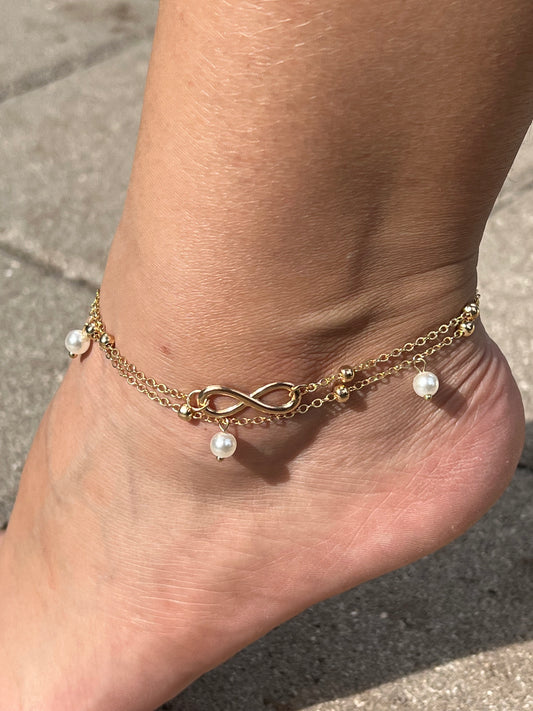 Hot selling pearl 8 word anklet jewelry female handmade beaded double anklet beach jewelry