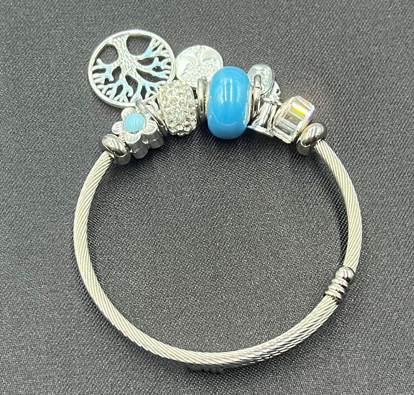 Silver Charm Bangle Bracelet – Tree of life, Beads &amp; Crystal Accents | Adjustable Alloy Jewelry