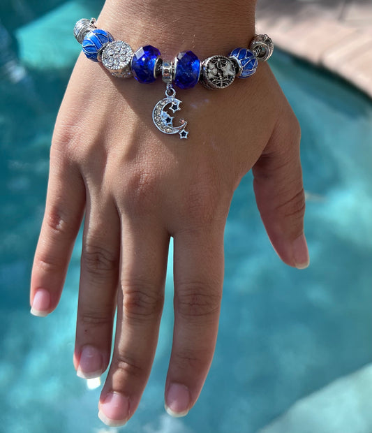 ❗️NEW❗️ Cute Blue Glaze Moon Rhinestone Beaded Bracelet - ROYAL BLUE