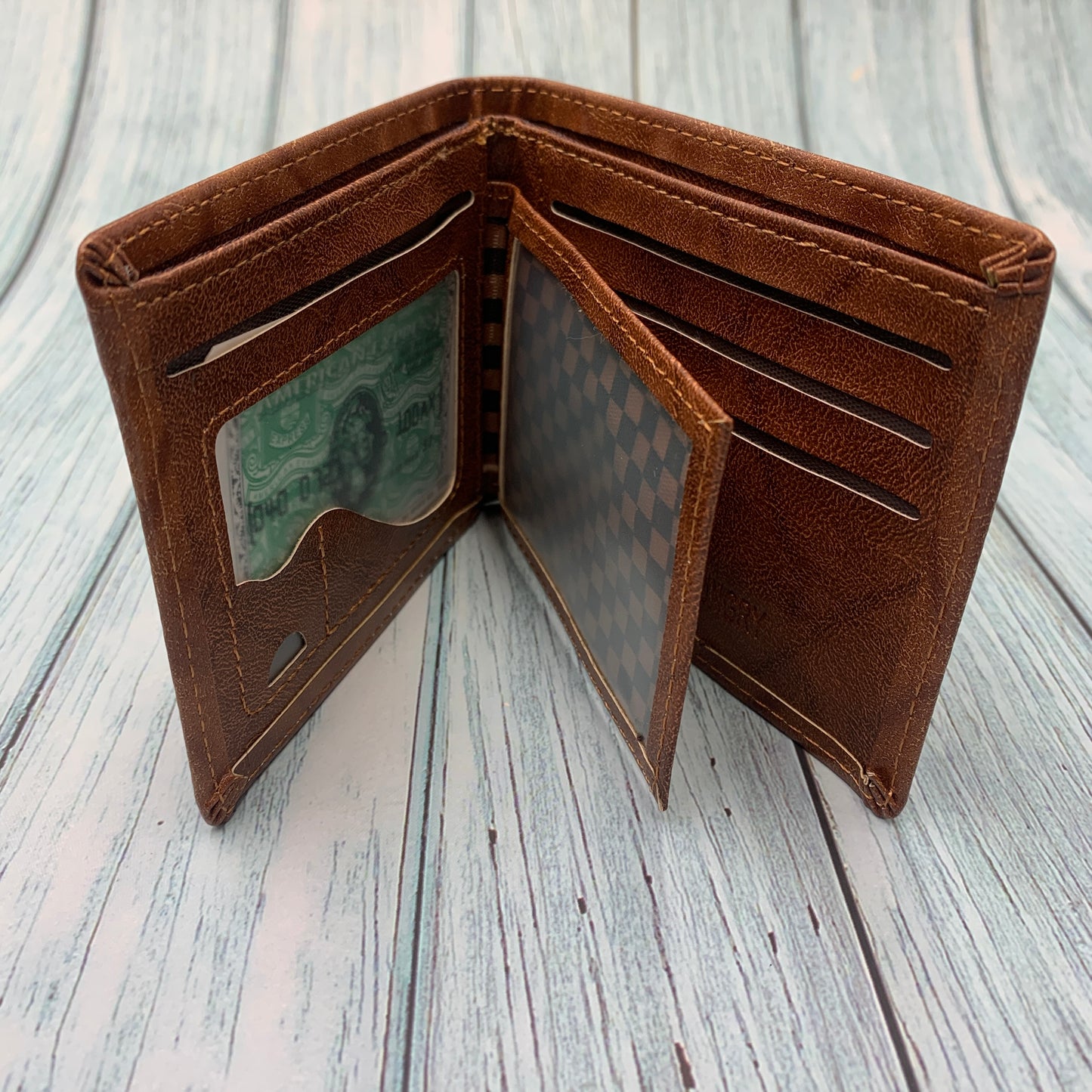 Men’s PU Leather Bifold Wallet – 100 Dollar Bill Design with Card, Photo & Coin Slots (Light Coffee)