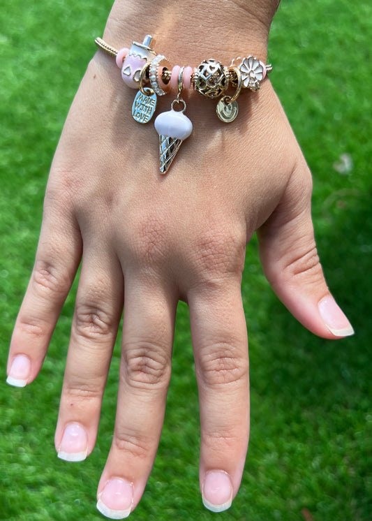 Pink Metal Bangle Bracelet with Ice Cream Pendant – Cute Gift for Daughter
